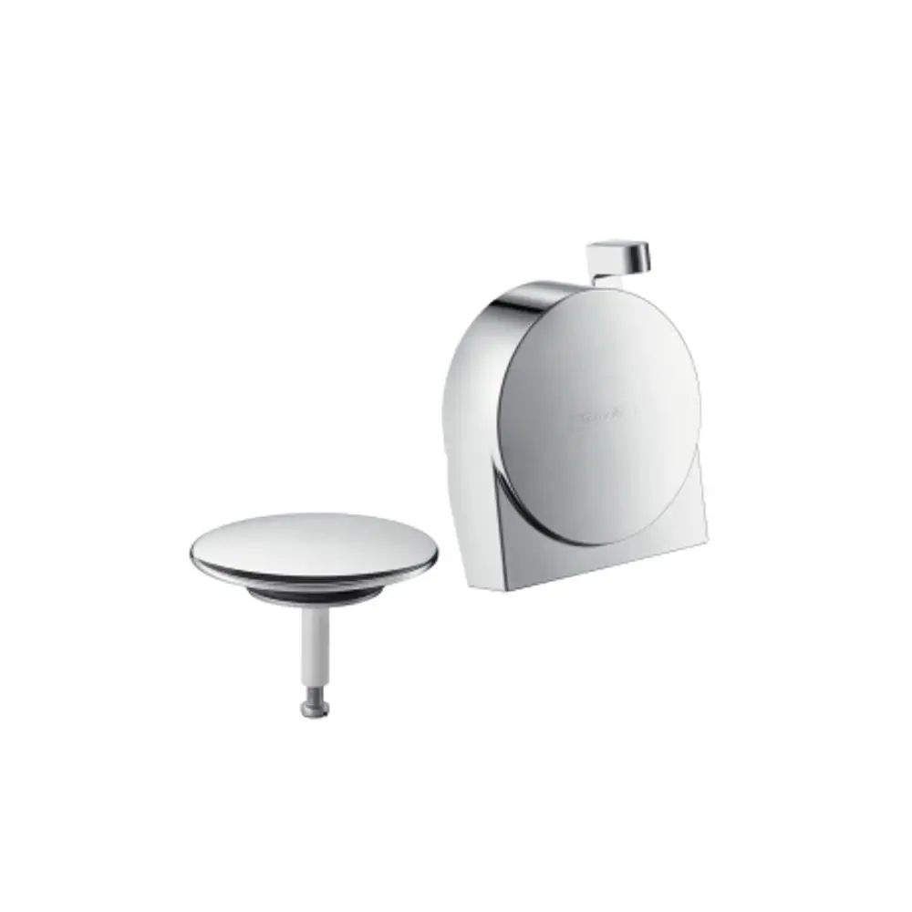 Hansgrohe Exafill S Fertigset mit rundem, flachem Wanneneinlauf und Ablauf- sowie Überlaufgarnitur in Chromoberfläche, montiert an einer Wand.